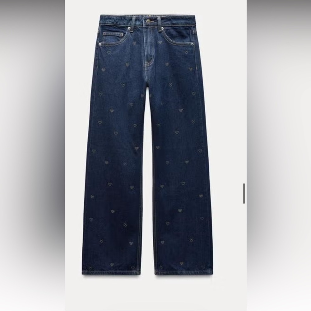 Zara Dark Blue Wide-Leg Jeans with Heart Embroidery